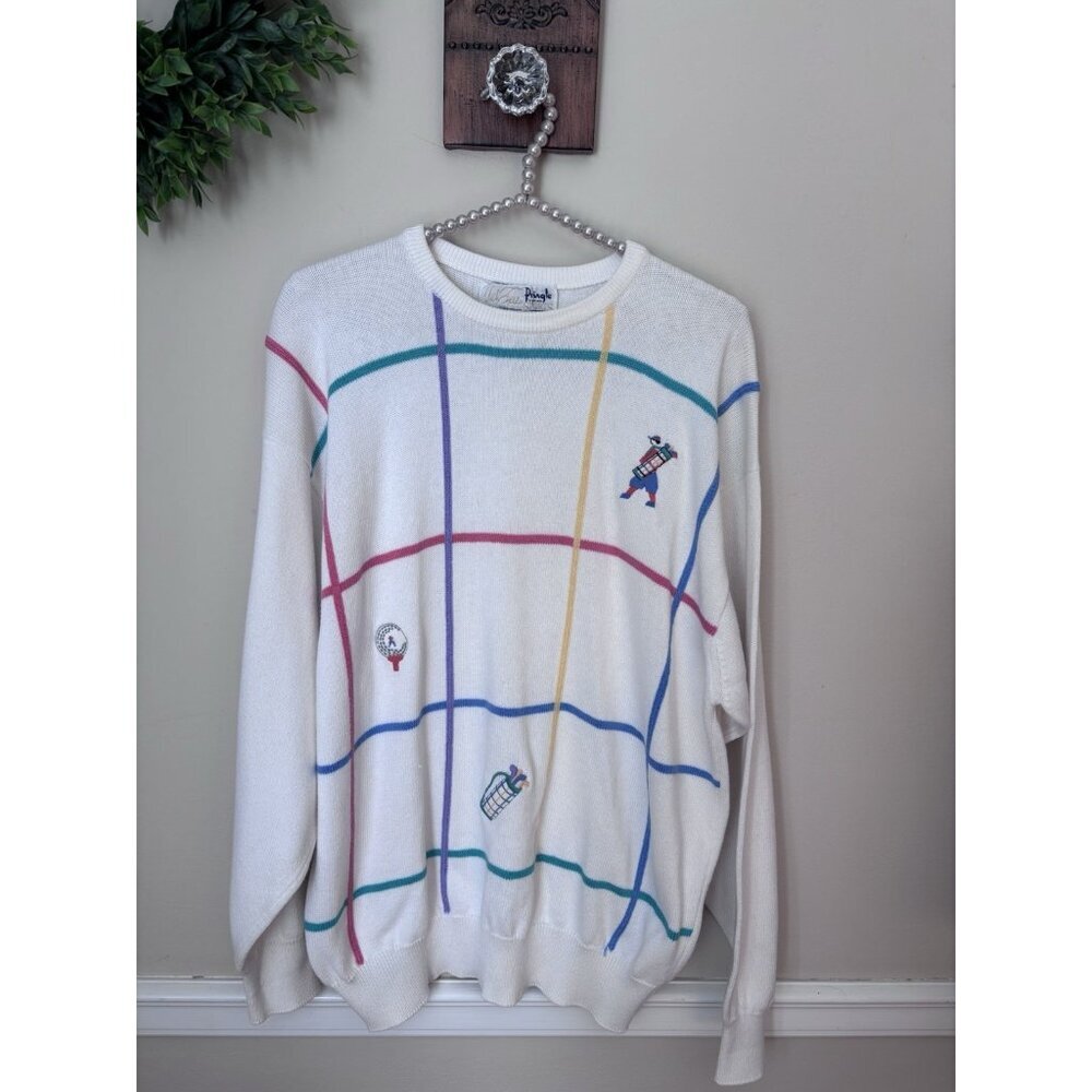 Vintage Pringle Of Scotland Mens Size M White Golf Sweater Embroidered Cotton